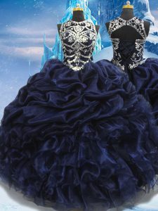 Fancy Navy Blue Lace Up High-neck Appliques and Ruffles and Pick Ups Sweet 16 Dresses Taffeta Sleeveless