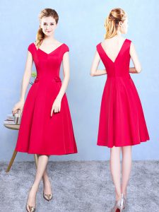 Red Court Dresses for Sweet 16 Wedding Party with Ruching V-neck Cap Sleeves Zipper