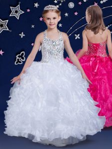 Halter Top Organza Sleeveless Floor Length Little Girls Pageant Dress and Beading and Ruffles