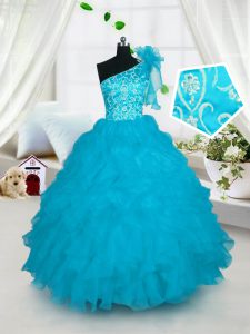 Hot Selling One Shoulder Floor Length Turquoise Kids Pageant Dress Organza Sleeveless Embroidery and Ruffles