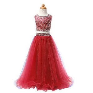 Scoop Red Organza Zipper Little Girls Pageant Dress Wholesale Sleeveless Floor Length Beading
