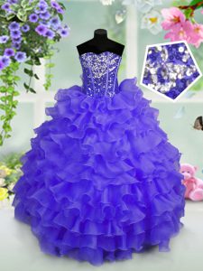 Sequins Ruffled Floor Length Blue Girls Pageant Dresses Sweetheart Sleeveless Lace Up