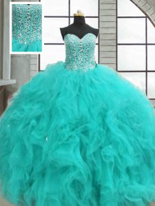 Turquoise Ball Gowns Organza Sweetheart Sleeveless Beading and Ruffles Floor Length Lace Up Quinceanera Dresses