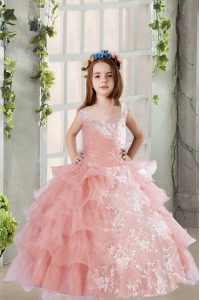 Floor Length Lace Up Little Girl Pageant Dress Baby Pink for Party and Wedding Party with Lace and Ruffled Layers