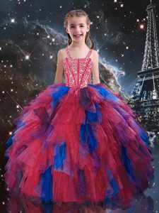 Coral Red Ball Gowns Straps Sleeveless Tulle Floor Length Lace Up Beading and Ruffles Little Girls Pageant Gowns