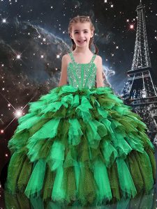 Super Apple Green Tulle Lace Up Kids Formal Wear Sleeveless Floor Length Beading and Ruffles