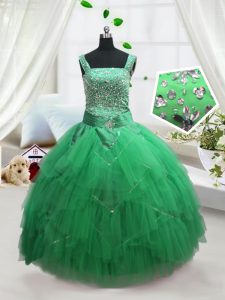 Turquoise Ball Gowns Beading and Ruffles Little Girls Pageant Gowns Lace Up Tulle Sleeveless Floor Length