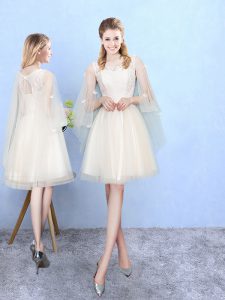 Fashion Square Half Sleeves Lace Up Quinceanera Dama Dress Champagne Tulle