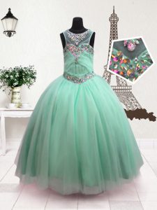 Turquoise Ball Gowns Scoop Sleeveless Organza Floor Length Zipper Beading Pageant Gowns For Girls