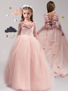 High Quality Scoop Long Sleeves Brush Train Lace and Appliques and Ruffles Backless Little Girls Pageant Dress Wholesale