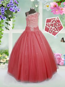 Sleeveless Tulle Floor Length Side Zipper Girls Pageant Dresses in Watermelon Red with Beading