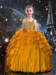 Wonderful Spaghetti Straps Sleeveless Lace Up Little Girls Pageant Gowns Orange Organza
