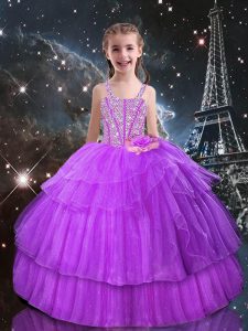 Sweet Lilac Lace Up Girls Pageant Dresses Beading and Ruffled Layers Sleeveless Floor Length