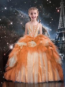 Gold Ball Gowns Spaghetti Straps Sleeveless Tulle Floor Length Lace Up Beading and Ruffled Layers Pageant Gowns For Girls