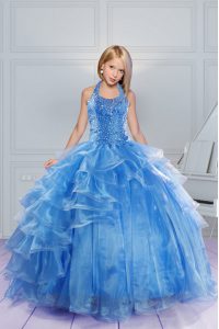 Halter Top Baby Blue Lace Up Little Girl Pageant Gowns Beading and Ruffles Sleeveless Floor Length