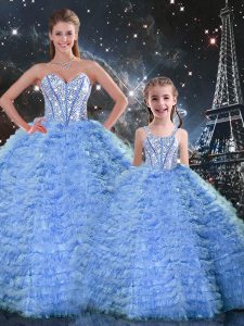 Inexpensive Blue Lace Up Quinceanera Gown Beading and Ruffles Sleeveless Floor Length