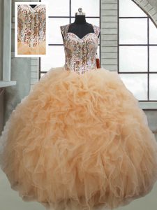 Best Champagne Sweet 16 Dress Military Ball and Sweet 16 and Quinceanera with Beading and Ruffles Sweetheart Sleeveless Lace Up