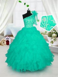 One Shoulder Organza Sleeveless Floor Length Little Girls Pageant Dress Wholesale and Embroidery and Ruffles