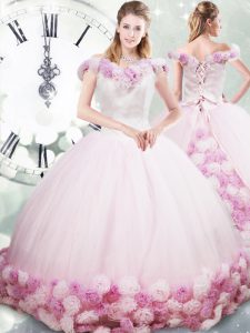 Excellent Pink Sleeveless Brush Train Hand Made Flower 15 Quinceanera Dress