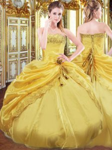 Gold Sleeveless Taffeta Lace Up Sweet 16 Dresses for Military Ball and Sweet 16 and Quinceanera