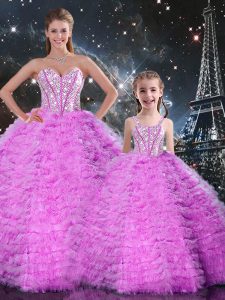 Flare Sleeveless Tulle Floor Length Lace Up Quinceanera Dress in Fuchsia with Beading and Ruffles
