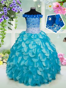 Off the Shoulder Sleeveless Lace Up Floor Length Beading and Sashes ribbons and Sequins Child Pageant Dress