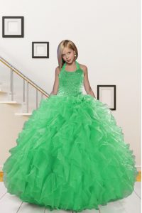 Green Ball Gowns Organza Halter Top Sleeveless Beading and Ruffles Floor Length Lace Up Kids Pageant Dress