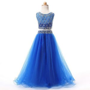 Blue Organza Lace Up Scoop Sleeveless Floor Length Little Girls Pageant Gowns Beading