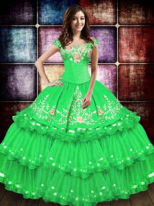 Best Selling Green Sleeveless Floor Length Embroidery and Ruffled Layers Lace Up Quinceanera Gown
