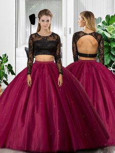 Floor Length Fuchsia Sweet 16 Dresses Tulle Long Sleeves Lace and Ruching