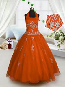 Modern Halter Top Sleeveless Lace Up Floor Length Appliques Pageant Gowns For Girls