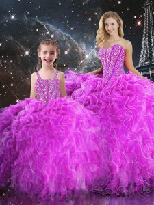High Quality Fuchsia Quinceanera Gown Military Ball and Sweet 16 and Quinceanera with Beading and Ruffles Sweetheart Sleeveless Lace Up