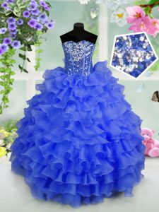 Royal Blue Ball Gowns Sweetheart Sleeveless Organza Floor Length Lace Up Ruffled Layers and Sequins Kids Formal Wear