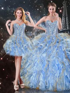 Light Blue Ball Gowns Organza Sweetheart Sleeveless Beading and Ruffles Floor Length Lace Up Quince Ball Gowns