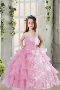 Beauteous Square Sleeveless Little Girl Pageant Dress Floor Length Lace and Ruffled Layers Lilac Organza