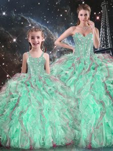 Noble Turquoise Organza Lace Up 15th Birthday Dress Sleeveless Floor Length Beading and Ruffles