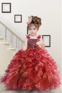 Watermelon Red Sleeveless Beading and Ruffles Floor Length Pageant Gowns For Girls