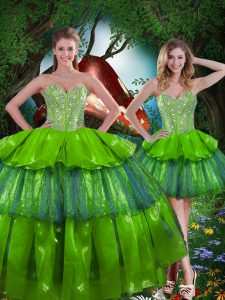 Sumptuous Olive Green Ball Gowns Beading and Ruffled Layers 15th Birthday Dress Lace Up Organza Sleeveless Floor Length
