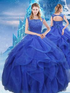 Royal Blue Lace Up Quinceanera Gown Ruffles and Sequins Sleeveless Floor Length