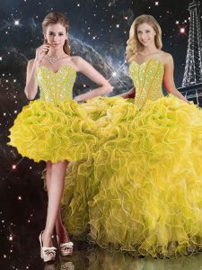Beautiful Yellow Sleeveless Floor Length Beading and Ruffles Lace Up Ball Gown Prom Dress