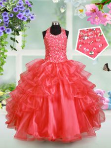Watermelon Red Ball Gowns Organza Halter Top Sleeveless Beading and Ruffled Layers Floor Length Lace Up Little Girls Pageant Dress Wholesale