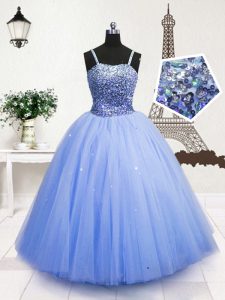 Spaghetti Straps Sleeveless Tulle Girls Pageant Dresses Beading and Sequins Zipper