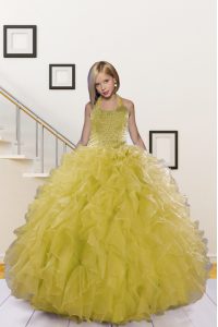 Halter Top Light Yellow Ball Gowns Beading and Ruffles Girls Pageant Dresses Lace Up Organza Sleeveless Floor Length