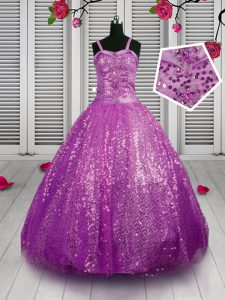 Glorious Sequins Purple Sleeveless Sequined Lace Up Kids Formal Wear for Party and Wedding Party