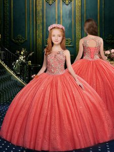Fashionable Watermelon Red Little Girls Pageant Dress Quinceanera and Wedding Party with Appliques Scoop Sleeveless Lace Up