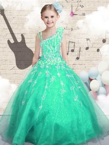 Top Selling Sleeveless Floor Length Appliques Lace Up Kids Pageant Dress with Apple Green