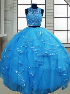 Baby Blue Tulle Lace Up Vestidos de Quinceanera Sleeveless Floor Length Beading and Ruffles