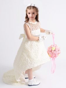 Scoop White Fabric With Rolling Flowers Zipper Little Girls Pageant Gowns Sleeveless High Low Beading and Bowknot