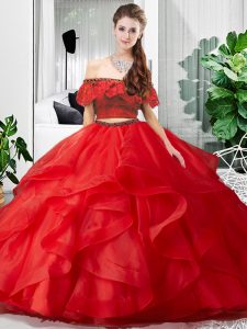 Off The Shoulder Sleeveless Lace Up Vestidos de Quinceanera Red Tulle