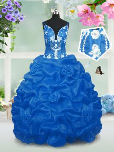 Fashion Sleeveless Floor Length Beading and Pick Ups Lace Up Girls Pageant Dresses with Aqua Blue